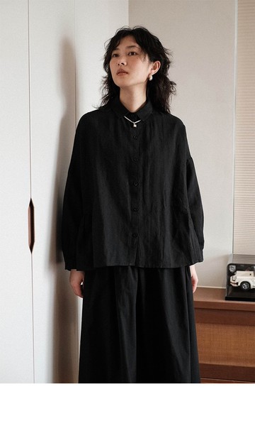休閒棉麻 簡約褶皺寬松翻領襯衣女