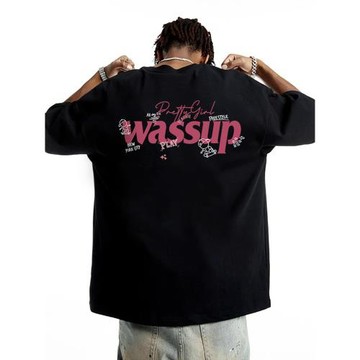 WASSUP短袖t恤男生夏季寬松重磅純棉設計感潮牌字母情侶體恤上衣
