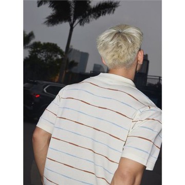 條紋痞帥 美式復古休閑寬松條紋針織短袖襯衫男 夏季慵懶風上衣潮