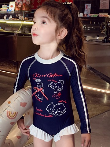 女童連體泳衣夏可愛兒童長袖防曬游泳衣2025新款女孩沙灘海邊泳裝【木屋雜貨】