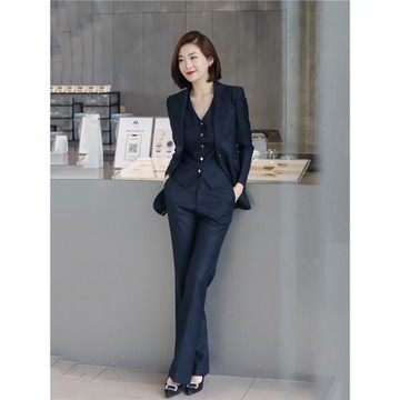 氣質高級藍黑色西裝三件套修身馬甲喇叭褲職場女士西服套裝律師裝