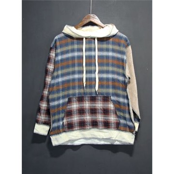 外貿男女款針織純棉拼接格子連帽衛衣情侶款oversize時尚打底帽衫