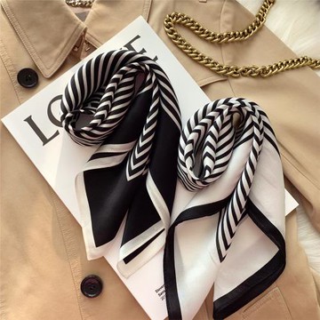 小溜春秋季圍巾桑蠶絲真絲絲巾韓國百搭條紋小領巾薄款裝飾小方巾