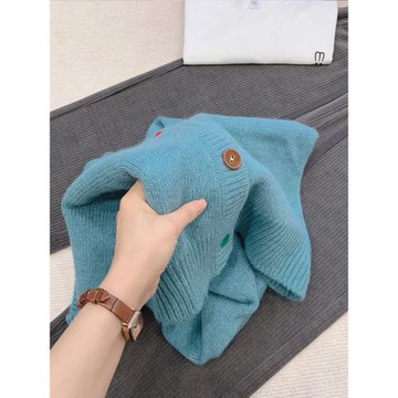 今天要穿開心呀~彩扣藍色毛衣女軟糯親膚羊毛針織開衫時尚上衣