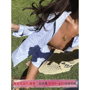 ITSNIKAR 復古夏威夷藍襯衫女春防曬寬松休閑上衣海邊度假風套裝