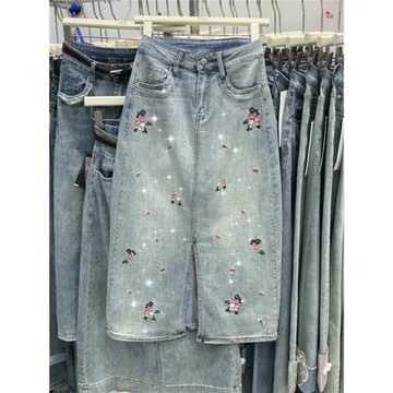 2024春夏新款彈力高腰復古刺繡花燙鉆顯瘦開叉牛仔半身裙女中長款