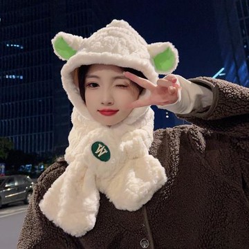 小羊耳朵帽子圍巾一體女秋冬可愛毛茸茸保暖護耳2024新款連帽圍脖