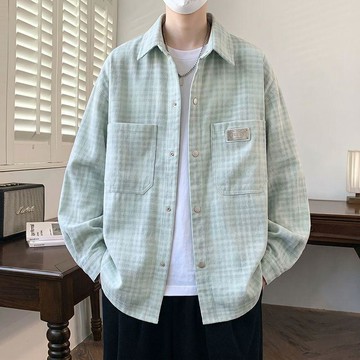 男士秋天外套 26春秋新款格子牛仔襯衫男翻領時尚休閒帥氣港風寬鬆薄款外套男1002