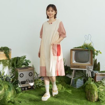 【MOSS CLUB】花苞口袋循環大格拼接圓機洋裝 藍 綠 桔