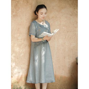 (免運)高端純苧麻連衣裙女重工刺繡花女裝復古中式風短袖媽媽氣質中長裙