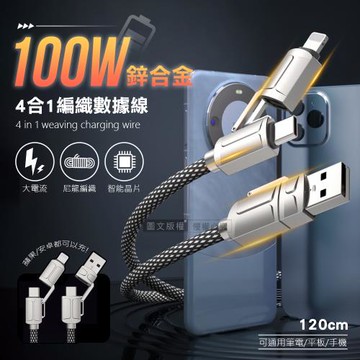 VOORCA ZincX四合一 100W鋅合金快充傳輸線 Type-C/Lightning 編織充電線(120cm)