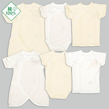 akachan honpo - 新生兒內衣6件組按扣款短袖7分袖-橫紋-象牙白色 (50~60cm)