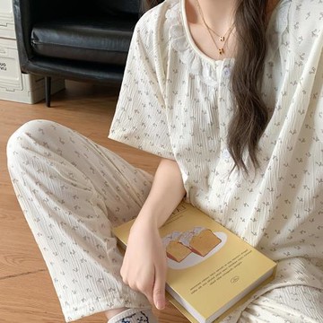 法式花邊三件套裝睡衣女款夏季新款ins風純棉紗布短袖長褲家居服