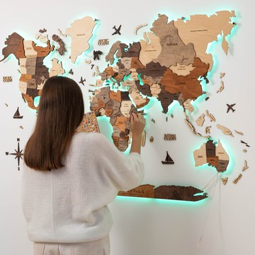 木質世界地圖 LED 世界地圖 帶圖釘 閣樓裝飾 牆壁裝飾