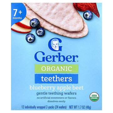 Gerber, 有機牙膠，溫和磨牙餅乾，7 個月以上，藍莓蘋果甜菜味，12 個獨立包裝，每包 2 片，每片 0.14 盎司（4 克）