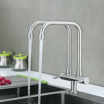 雙管水龍頭 廚房冷熱水龍頭水槽洗菜盆雙開關單冷旋轉雙管雙出水304不銹鋼管