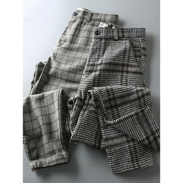 腔調好物 春秋款 日系復古格子男士千鳥格小直筒休閑長褲潮