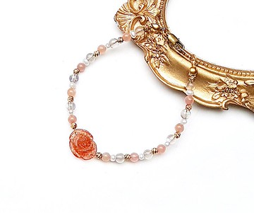 橙月光太陽石x灰月光拉長石x淡水珍珠x金太陽玫瑰花黃銅手鍊