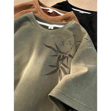 牛油果綠竹子印花320g重磅t恤男夏美式復古中國風麂皮絨七分短袖