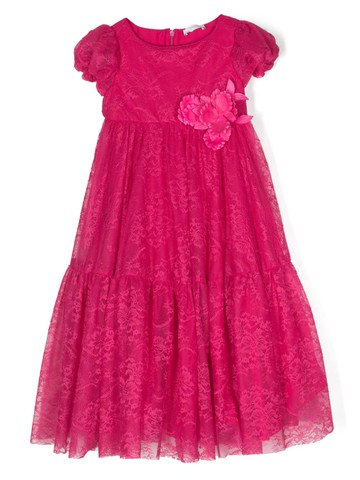 Monnalisa - floral-lace tiered dress - kids - Polyamide/Cotton/Linen/Flax/Cotton/Polyamide - S - Pink