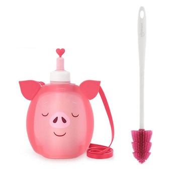100%鉑金矽膠小豬水袋+奶瓶刷(粉)