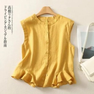 【LANNI 藍尼】★小清新荷葉下襬棉麻背心(女裝/女上衣/無袖背心/休閒/日系/通勤)