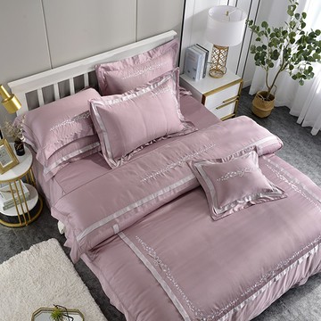 床包枕套組-特大/ 300織/ 長絨棉三件式 / 素色刺繡 / 朝霧粉