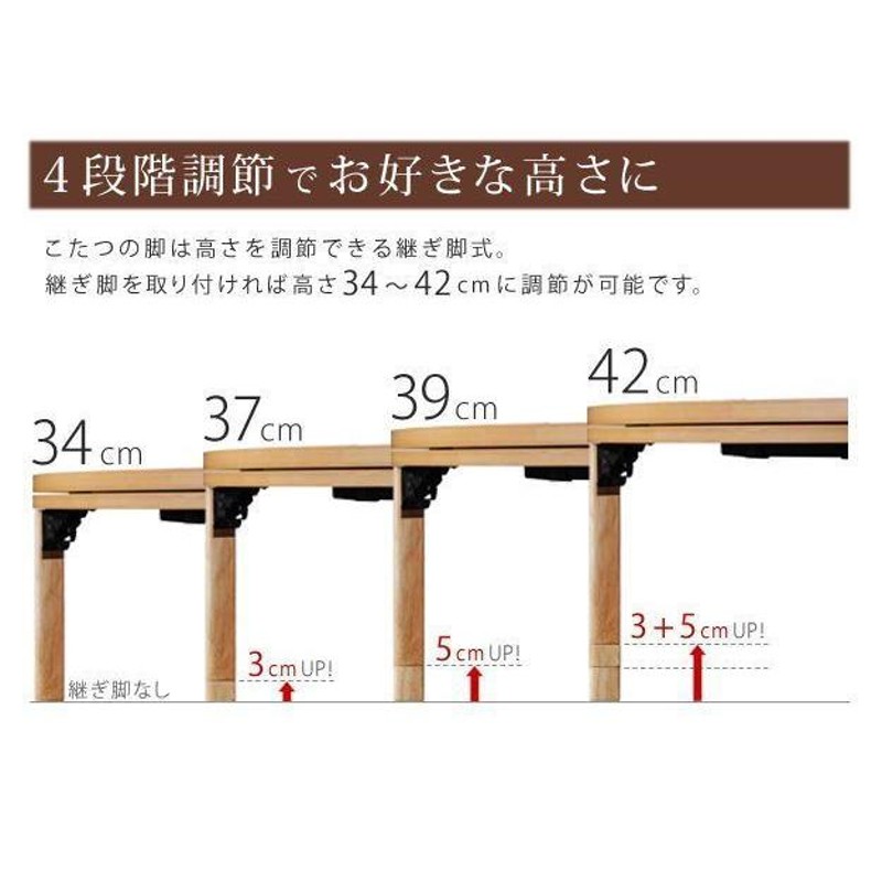 こたつテーブル フラットヒーター 丸型 90cm 高さ4段階調節つき 天然木