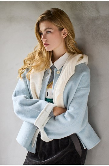 披肩造型短版羊毛雙面毛呢大衣