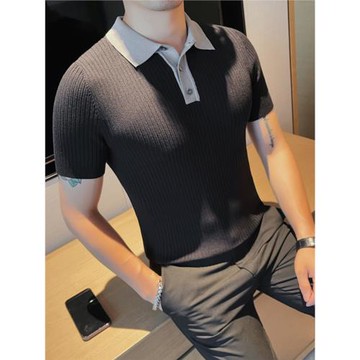 男士休閑條紋針織短袖polo衫夏季薄款透氣修身痞帥翻領半袖t恤