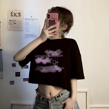 ZUCA”S - 韓版寬鬆高腰短版上衣 短袖上衣 短袖t恤 女裝 顯瘦上衣 衣服 寬鬆上衣 素T- T-33