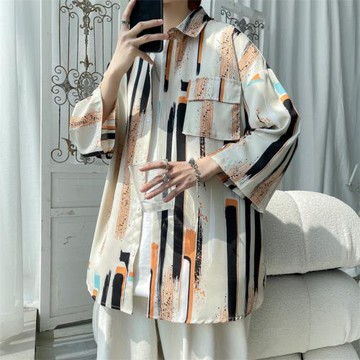 條紋襯衫男短袖高級感小眾七分袖襯衣夏季薄款工裝外套寬松上衣潮