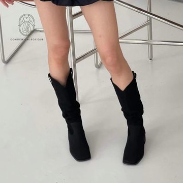 DONGCHICHI  瘦瘦西部靴 顯瘦 堆堆靴 麂皮 騎士靴 長靴 膝下靴 中筒靴  C192