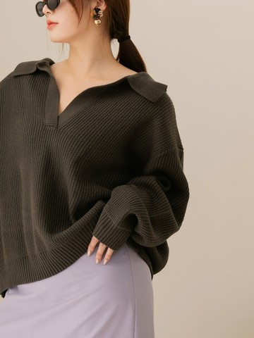 寬鬆立體織紋翻領毛衣/上衣