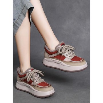 真皮休閑運動鞋女加絨保暖棉鞋短靴厚底2025秋冬新款拼色板鞋單鞋