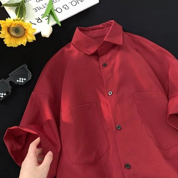 酒紅色短袖襯衫夏天男美式復古潮牌高級感大碼冰絲七分袖襯衣外套