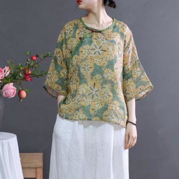 夏新民族風文藝苧麻印花襯衫復古盤扣短款上衣女寬松大碼套頭小衫
