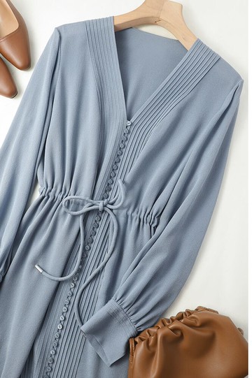 品牌工廠折扣店雙層鬼縐太奢! 法柜 重磅23姆米真絲高腰連衣裙女