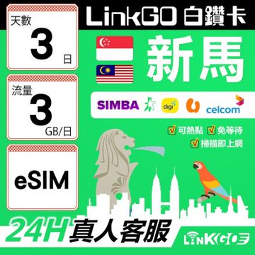 LinkGO白鑽卡 新馬 eSIM卡 3天上網卡 每日3GB 高速流量(新馬網卡 新加坡 馬來西亞 吉隆坡)