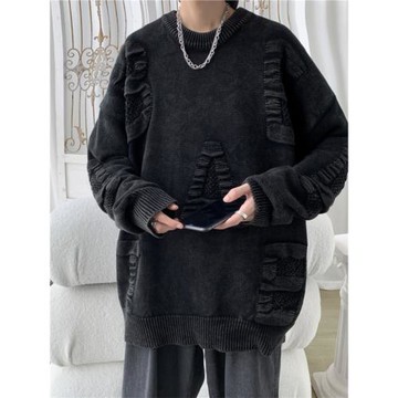 黑色圓領毛衣日系慵懶復古男秋冬胖子大碼水洗做舊針織衫外套潮牌