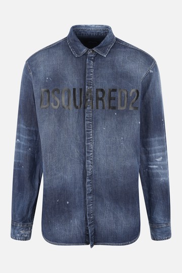 DSQUARED2 logo printed denim shirt with distressed effect, rips and paint splashes Man
