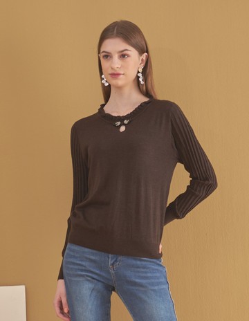 ★【喜芝梅】淑女立體皺領異質拼接含羊毛造型上衣(兩色；F) 223420768