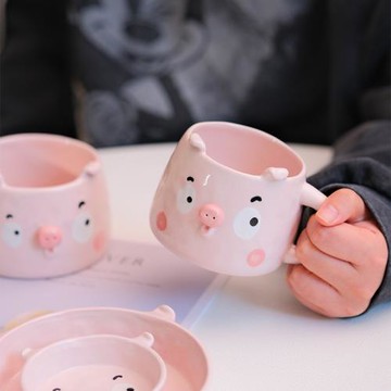 燚坊原創動物創意可愛卡通水杯  釉下彩手繪餐具套裝小豬小熊兔子