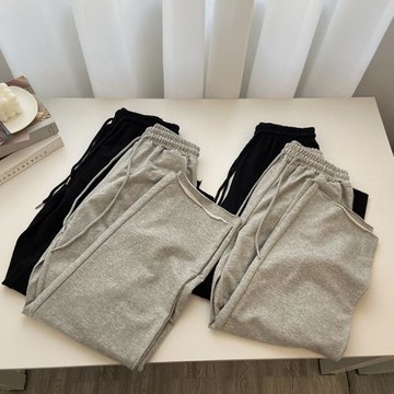 檸波家。九分褲/長褲夏季薄款毛圈棉直筒褲女寬松休閑高腰闊腿褲