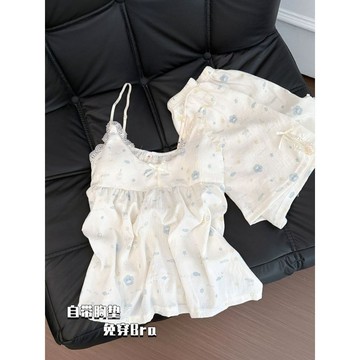 DUYI~夢詩 睡衣女小魚泡泡吊帶夏季雲朵棉純欲蕾絲背心帶胸墊家居服兩件套潮
