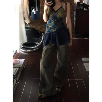 爆款直降價 女裝 洋裝 顯瘦洋裝 連身裙 裙裝 韓系格紋V領掛脖吊帶連衣裙女夏新款露背氣質顯瘦荷葉邊拼接短裙