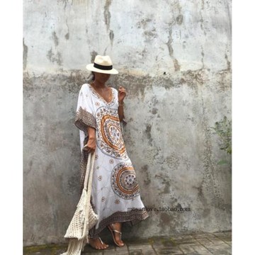 人棉夏女泰國波西米亞印花連衣裙 巴厘島海灘度假長袍 民族風長衫