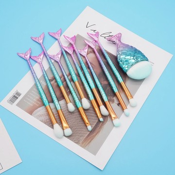 精品不掉毛 10支 化妝刷 套裝 初學者 全套 眼影 刷子 軟毛 3D美人魚款化妝刷