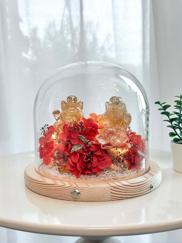 水晶招財貓 永生花玻璃罩燈座 | 天然石擺飾 | 生日 情人節禮物