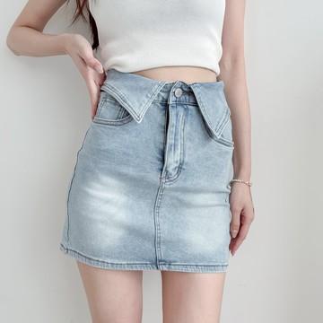 自帶腰線腰頭反摺造型刷色牛仔短裙 RC13812 【現貨】
